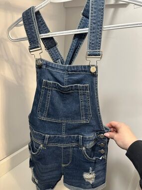 Dollhouse Dark Blue Distressed Denim Overalls